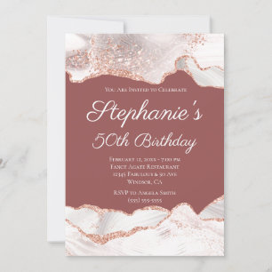 Glittery Rose Gold White Agate 50th Birthday Brick Invitation