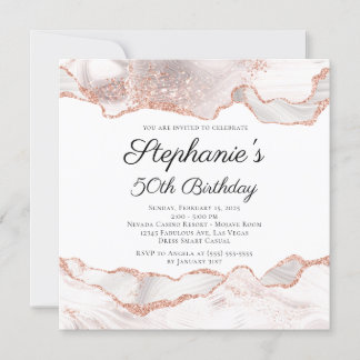 Glittery Rose Gold White Agate 50th Birthday Invitation