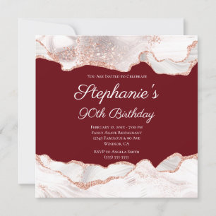 Glittery Rose Gold White Agate 90th Birthday Invitation