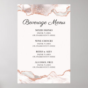 Glittery Rose Gold White Agate Beverage Menu A4 Poster