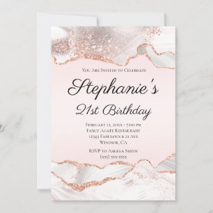 Glittery Rose Gold White Agate Blush 21st Birthday Invitation