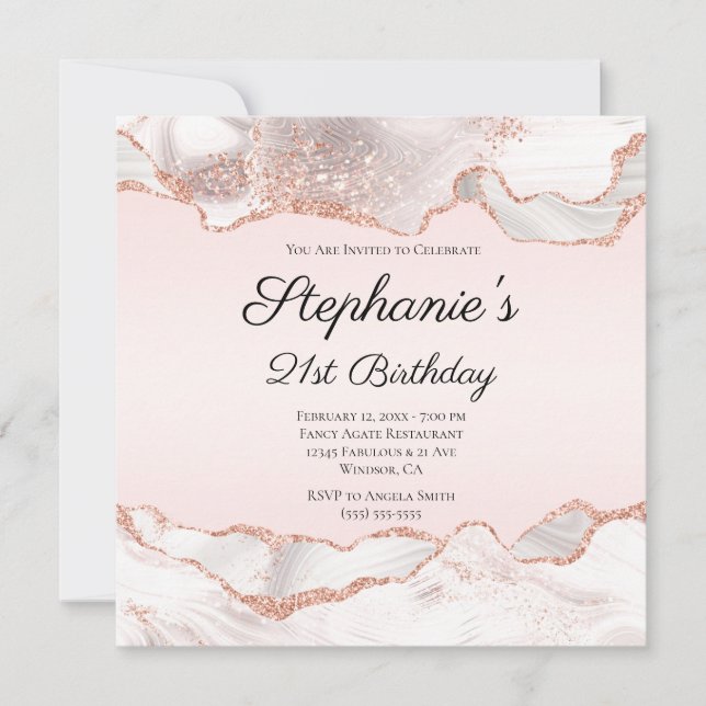 Glittery Rose Gold White Agate Blush 21st Birthday Invitation (Front)