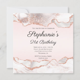 Glittery Rose Gold White Agate Blush 21st Birthday Invitation