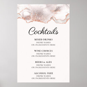 Glittery Rose Gold White Agate Cocktail Menu A4 Poster