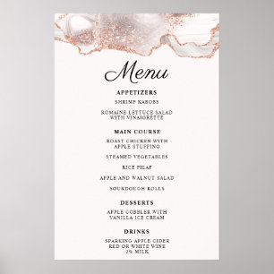Glittery Rose Gold White Agate Menu A4 Poster