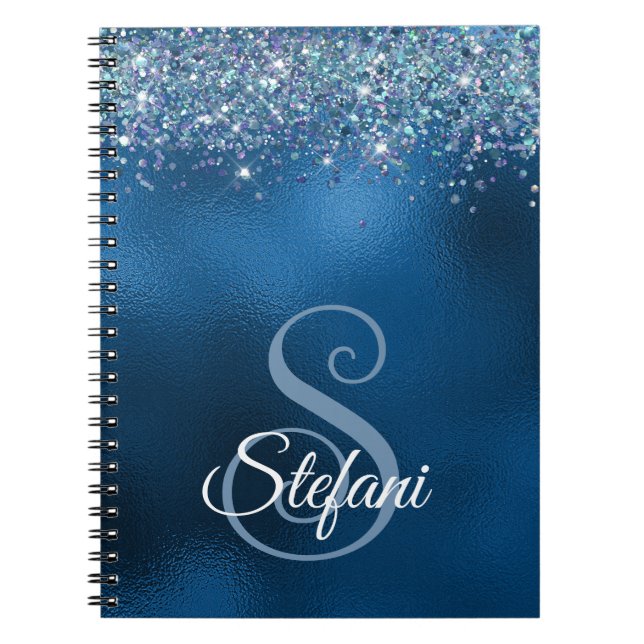 Glittery Royal Blue Foil Individual Name  Notebook (Front)