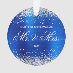 Glittery Royal Blue Foil Our First Christmas Ornament