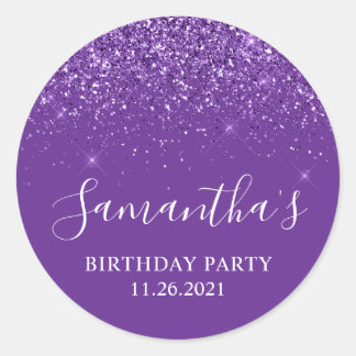 Glittery Royal Purple Birthday Party Classic Round Sticker