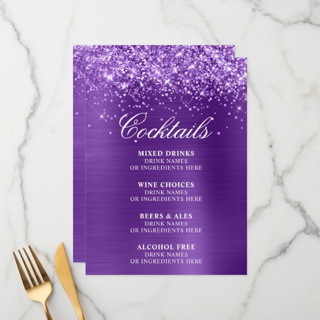 Glittery Royal Purple Foil Cocktails Bar Menu (Front/Back In Situ)