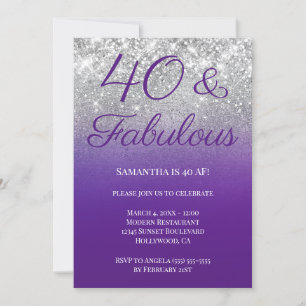Glittery Royal Purple Silver Ombre 40 & Fabulous Invitation