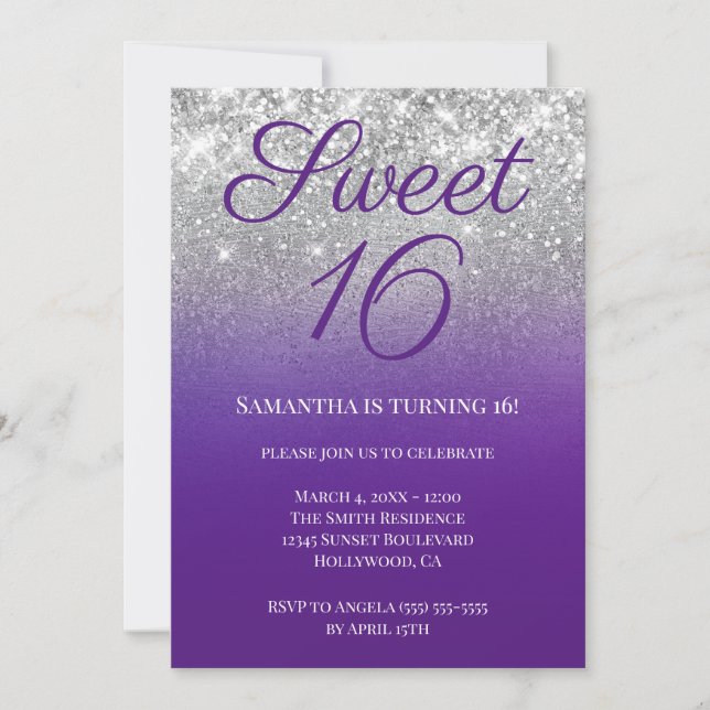 Glittery Royal Purple Silver Ombre Sweet 16 Invitation (Front)