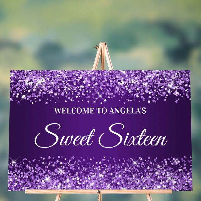 Glittery Royal Purple Sweet Sixteen Acrylic Sign (Neutral)