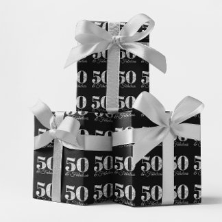 Glittery Silver 50 & Fabulous on Black Wrapping Paper