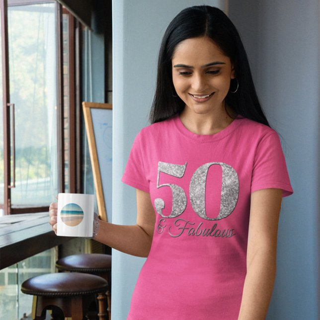 Glittery Silver 50 & Fabulous Pink T-Shirt (50 & Fabulous Birthday Tee)
