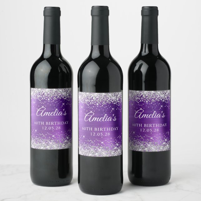 Glittery Silver Amethyst Foil 60th Birthday Wine Label (Bottles)