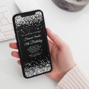 Glittery Silver and Black 18th Birthday Invitation
