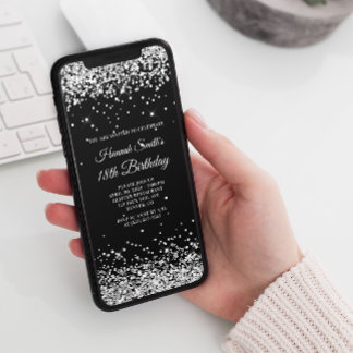 Glittery Silver and Black 18th Birthday Invitation