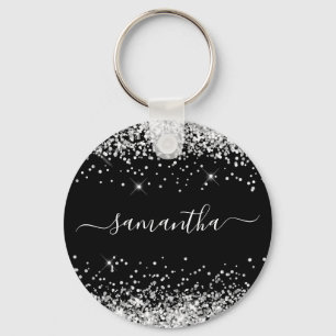 Glittery Silver and Black Girly Name Key Ring