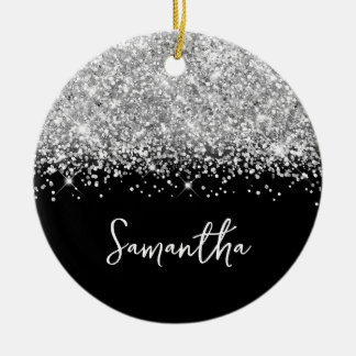 Glittery Silver and Black Glam Name Photo Ceramic Tree Decoration