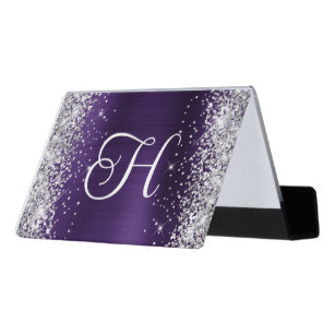 Glittery Silver and Dark Violet Purple Monogrammed Desk Business Card Holder