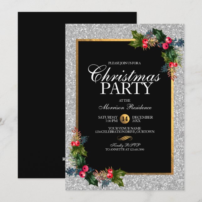 Glittery Silver and Gold Elegant Christmas Party Invitation (Front/Back)