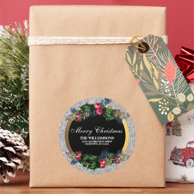 Glittery Silver and Gold Family Address Classic Round Sticker (Holiday)