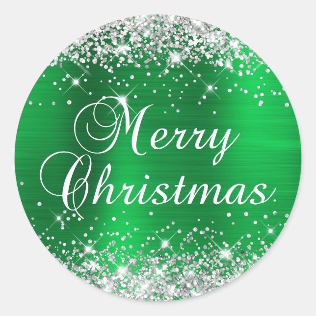 Glittery Silver and Green Foil Merry Christmas Classic Round Sticker (Front)