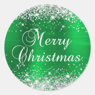 Glittery Silver and Green Foil Merry Christmas Classic Round Sticker