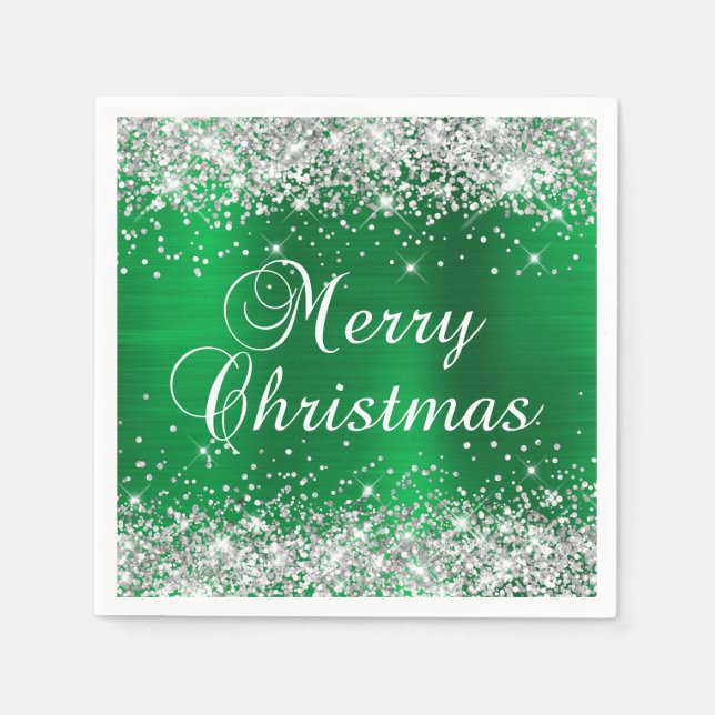Glittery Silver and Green Merry Christmas Napkin (Front)