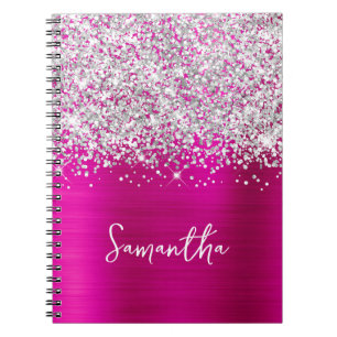 Glittery Silver and Hot Pink Glam Script Name Notebook