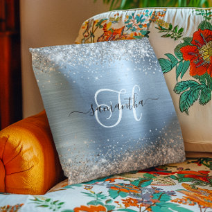 Glittery Silver and Light Blue Monogrammed Cushion