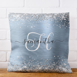 Glittery Silver and Light Blue Monogrammed Cushion