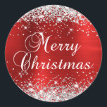 Glittery Silver and Red Foil Merry Christmas Classic Round Sticker<br><div class="desc">Fancy calligraphy Merry Christmas envelope seal stickers for your special holiday greetings or invite.
Girly faux sparkly silver glitter on the top and bottom edge over a faux red  brushed metal style ombre foil.
The colour of the old-fashioned text graphic can be changed.</div>