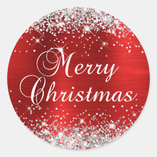 Glittery Silver and Red Foil Merry Christmas Classic Round Sticker