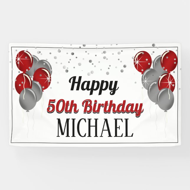 Glittery Silver and Red Happy Birthday Banner (Horizontal)
