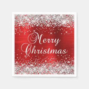 Glittery Silver and Red Merry Christmas Napkin