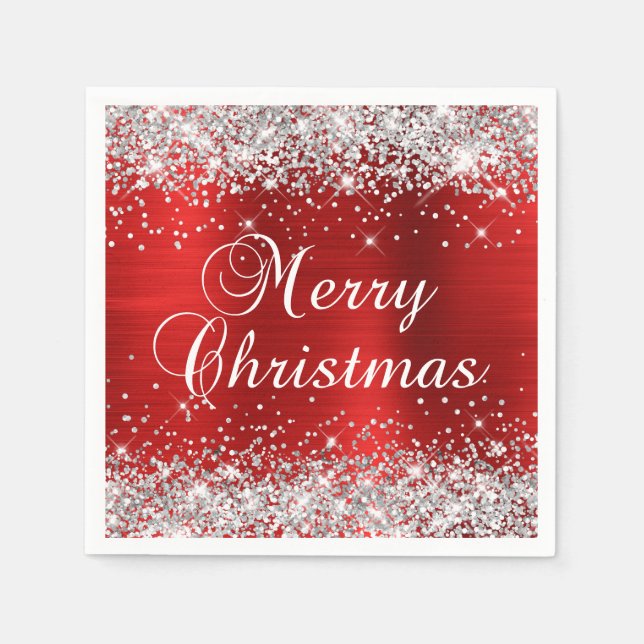 Glittery Silver and Red Merry Christmas Napkin (Front)