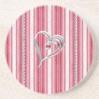 Glittery Silver and Red Stripe Heart Drink Coaster