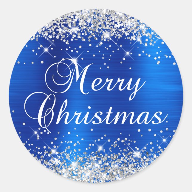 Glittery Silver and Royal Blue Merry Christmas Classic Round Sticker (Front)