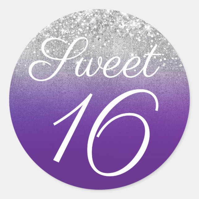 Glittery Silver and Royal Purple Ombre Sweet 16 Classic Round Sticker (Front)