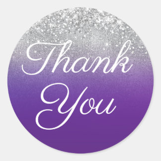 Glittery Silver and Royal Purple Ombre Thank You Classic Round Sticker