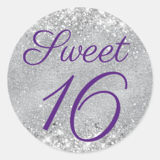 Glittery Silver and Royal Purple Sweet 16 Classic Round Sticker