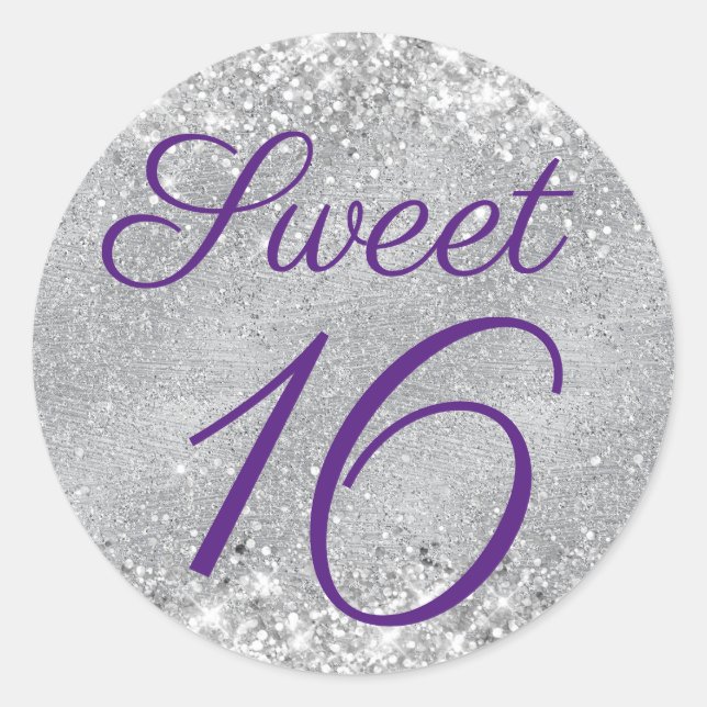 Glittery Silver and Royal Purple Sweet 16 Classic Round Sticker (Front)