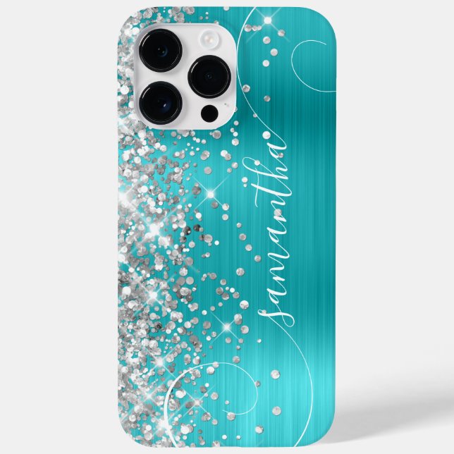 Glittery Silver and Turquoise Blue Curly Signature Case-Mate iPhone Case (Back)