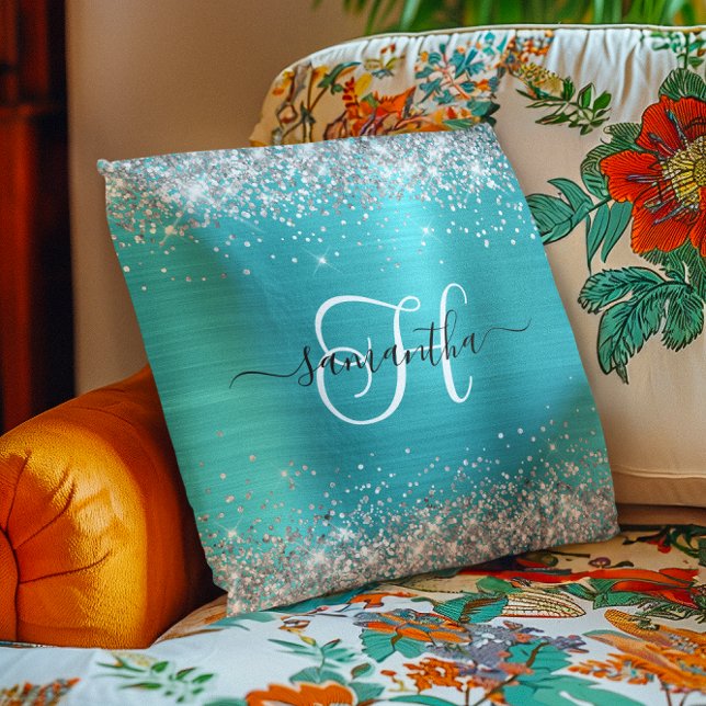 Glittery Silver and Turquoise Blue Monogrammed Cushion (Glittery Silver and Turquoise Blue Monogrammed Throw Pillow)