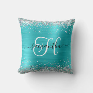 Glittery Silver and Turquoise Blue Monogrammed Cushion
