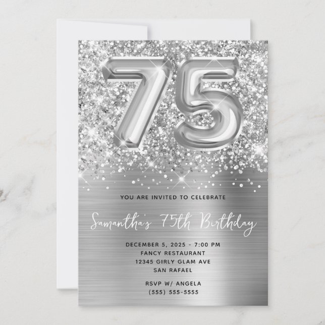 Glittery Silver Balloon Glam 75th Birthday Invitation (Front)