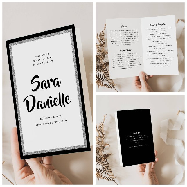 Glittery Silver & Black Bat Mitzvah Folded Program Flyer (Creator Uploaded)