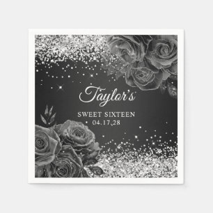 Glittery Silver Black Floral Glam Sweet Sixteen Napkin