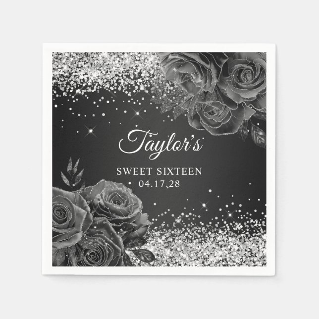 Glittery Silver Black Floral Glam Sweet Sixteen Napkin (Front)